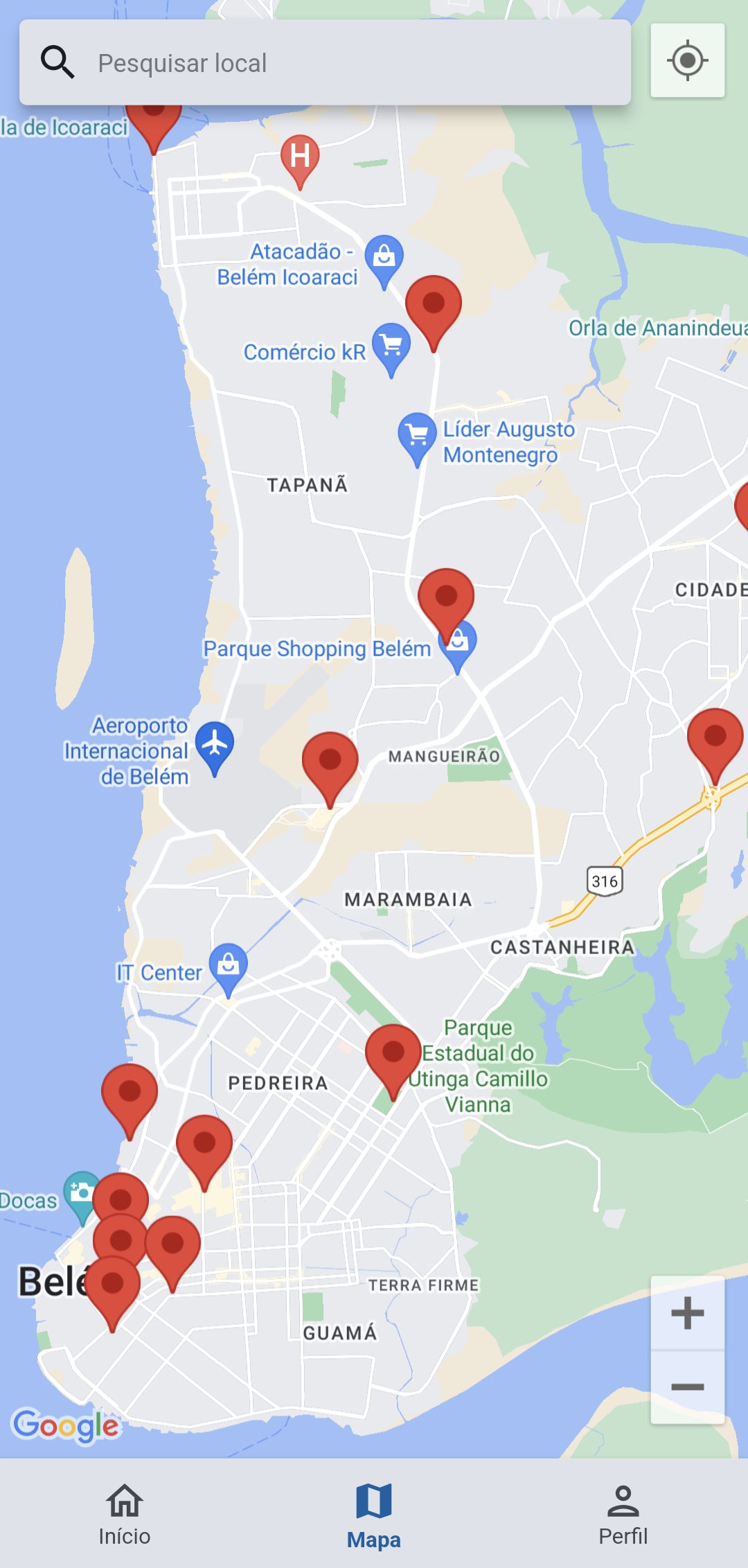A imagem demostra a tela do aplicativo d-móvel, onde é possivel navegar no mapa de sua região e descobrir novos locais já cadastrados por usuarios do dmovel